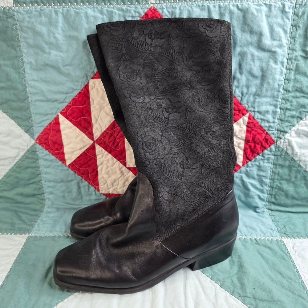 Markon Boots Black Leather Floral Embossed Square Toe Mid Calf Suela Womens 9M